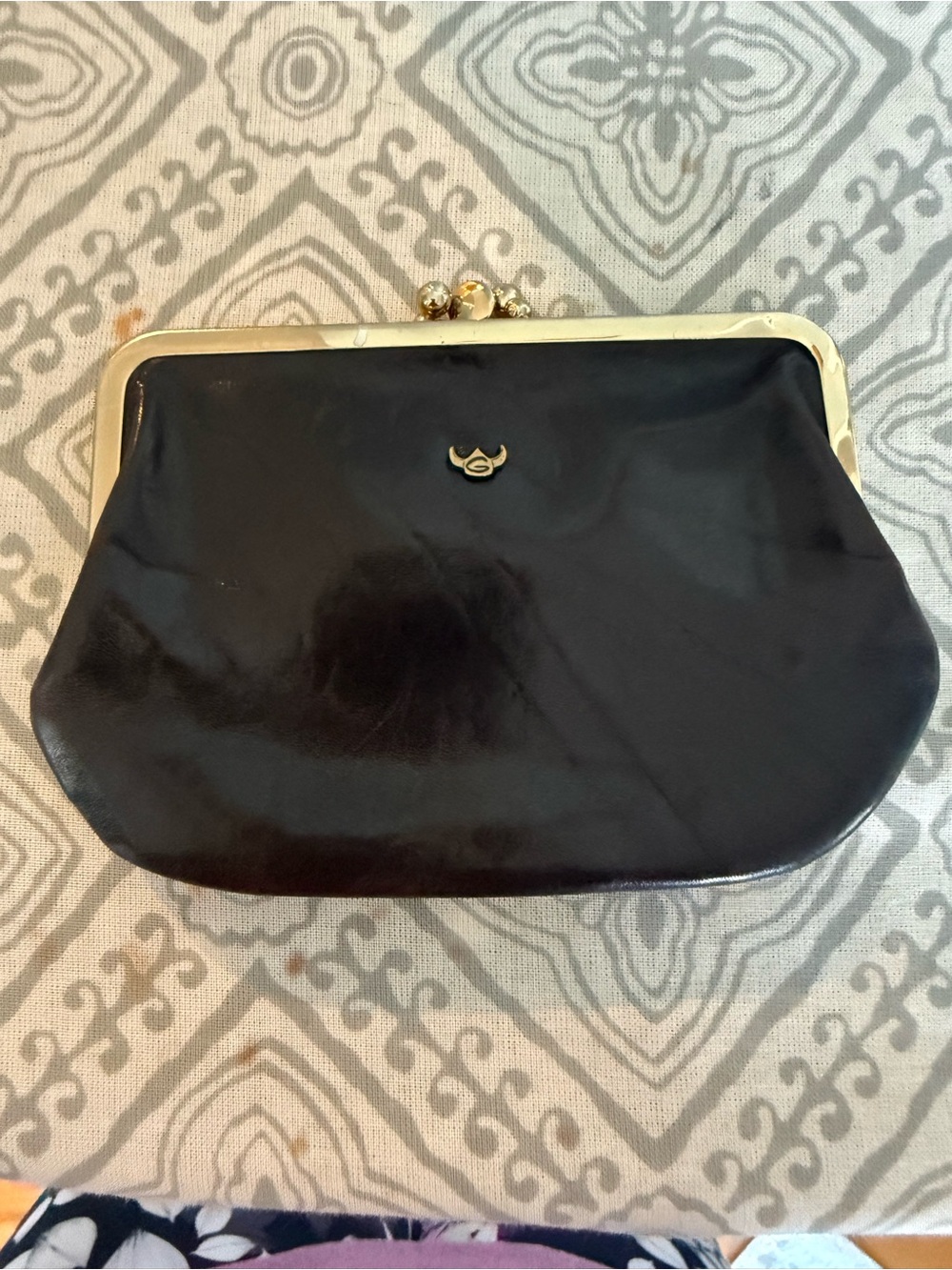 Vintage German Golden Head Elegant Black Frame-Top Clutch with Gold Hardware